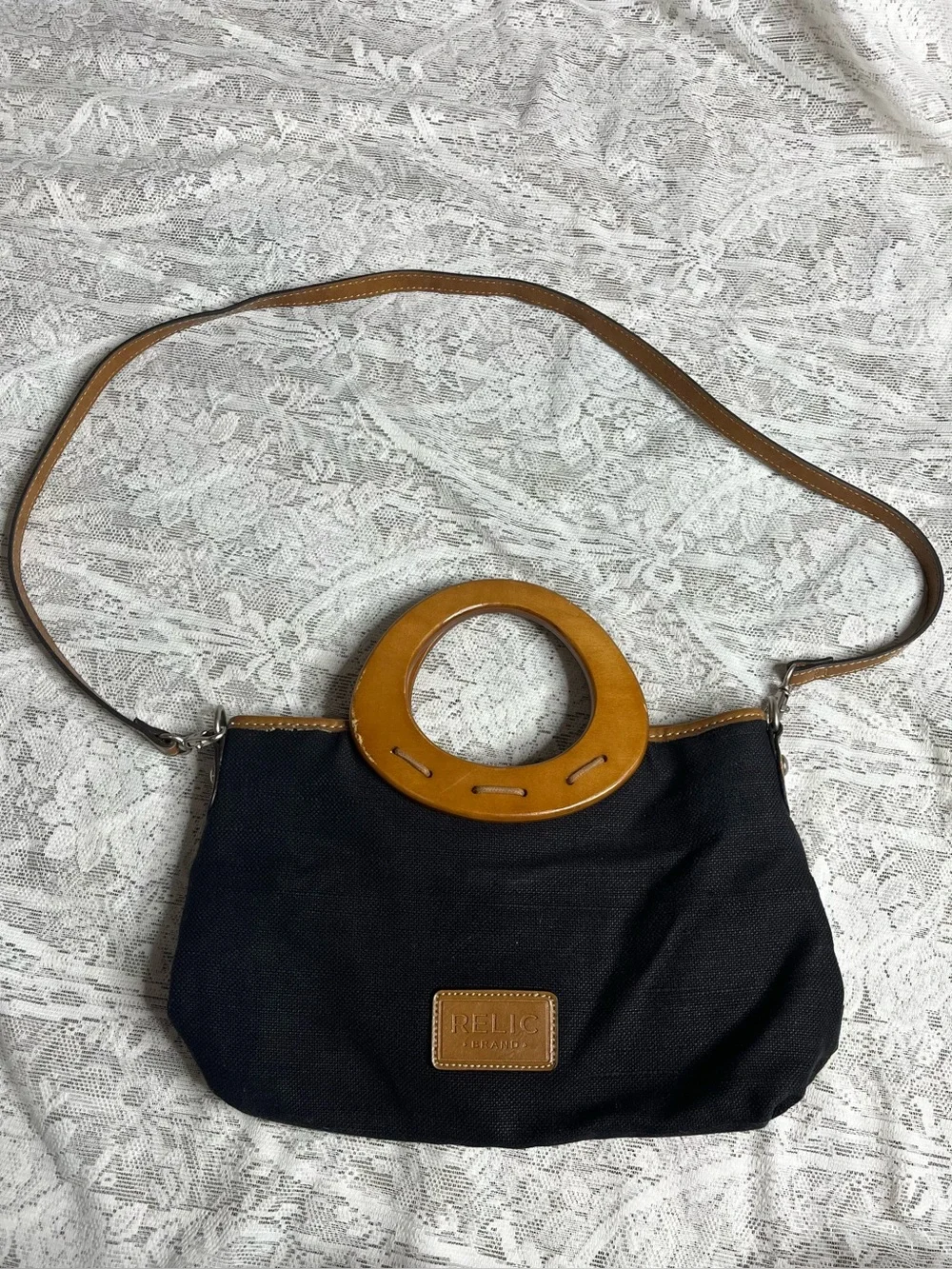 RELIC Canvas Patchwork Satchel Handbag with Wood Handles